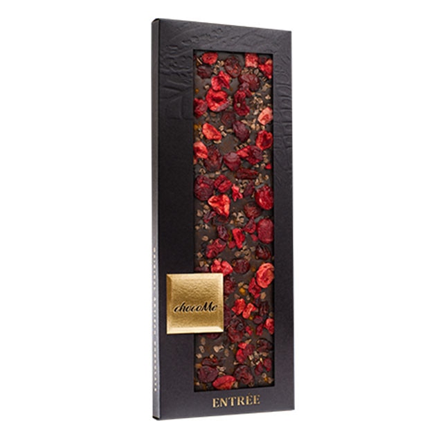 Ciocolata artizanala chocoMe pentru vin Merlot din ciocolata neagra 66% merisoare, boabe de cacao, visine, scortisoara