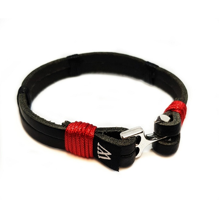 Bratara Wild Bracelets din piele naturala, lucrata 100% manual cu ancora argintie, negru cu prinderi rosii, 20 cm