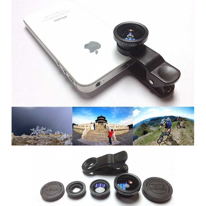 Set lentile foto zoom 3-in-1 pentru telefoane sau tablete, FISHEYE, MACRO si WIDE ANGLE