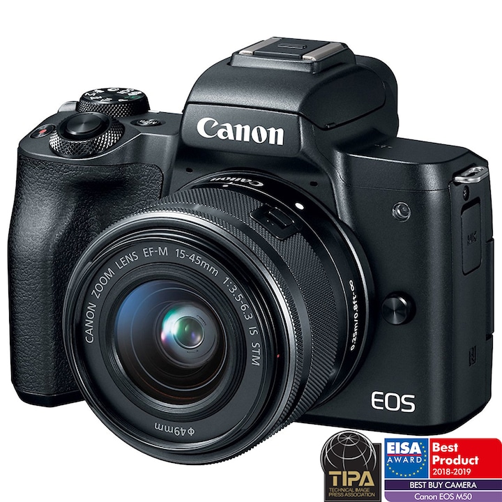 Canon EOS M50 MILC fényképezőgép, 25.8 MP, 4K, Wi-Fi, Fekete + EF-M 15- 45mm f/3.5-6.3 IS STM objektív