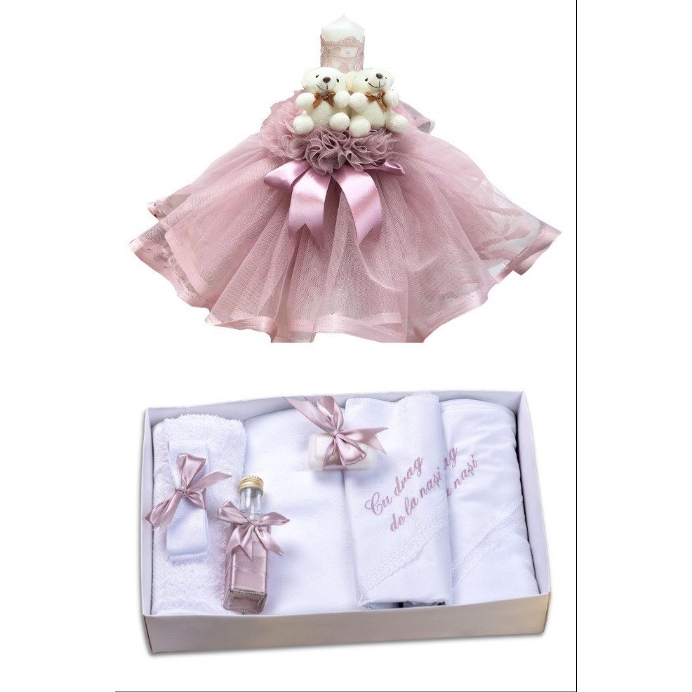 Lumanare si Trusou Botez 7 piese,brodat cu mesaj, Alb/Roz Pudra