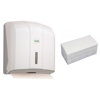 Pachet Dispenser Prosop Z alb VIALLI + 1 Bax Prosop hartie pliat V, alb Pachet Dispenser Prosop Z alb VIALLI + 1 Bax Prosop hartie pliat V, alb