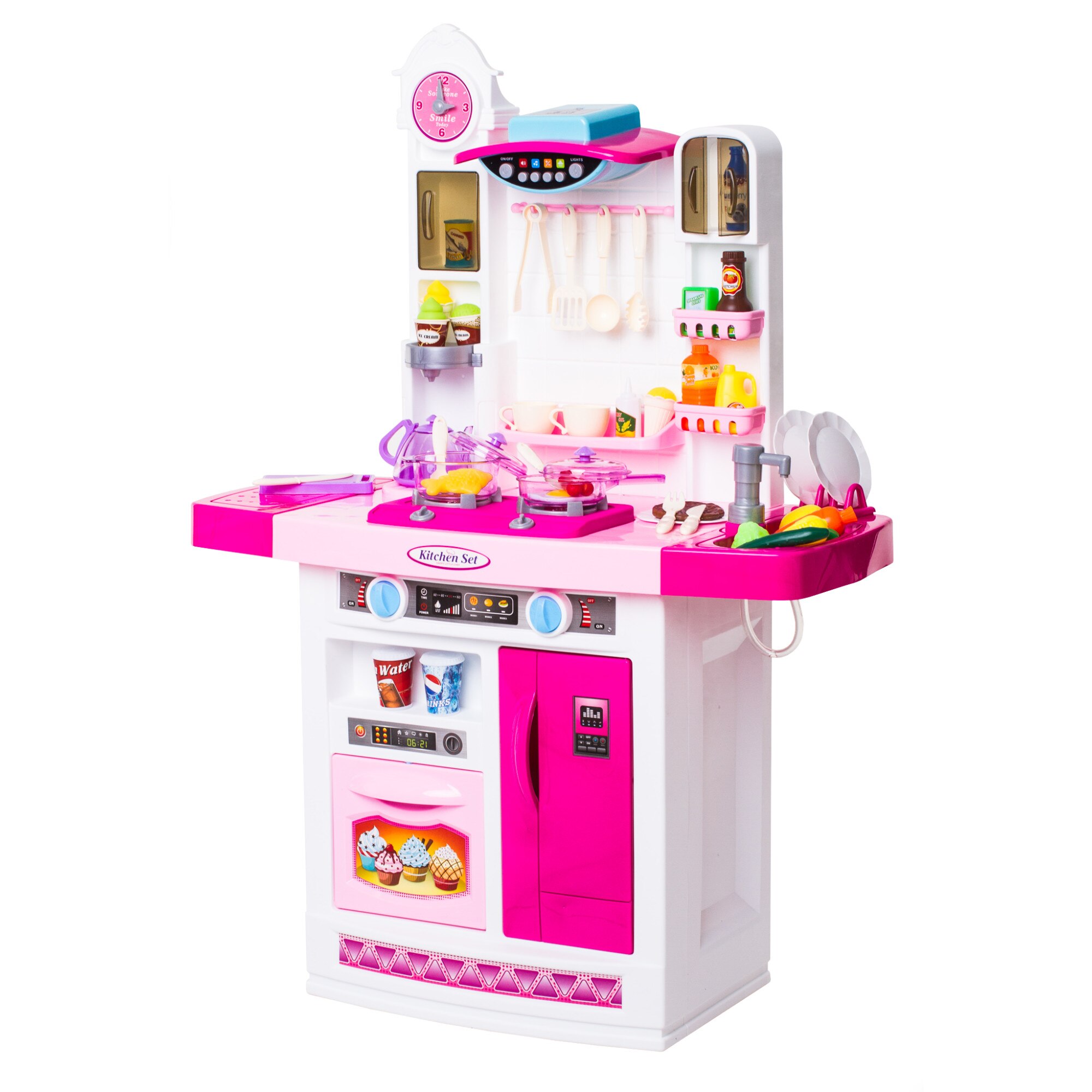 Bucatarie MULTIFUNCTIONALA IDL Candy Kitchen, 95 cm Inaltime, Efecte luminoase si sonore, Dotata cu o Multitudine de accesorii simbolice: aragaz, frigider, cuptor, vesela, produse alimentare care SPORESC dezvoltarea ABILITATILOR oricarui copil