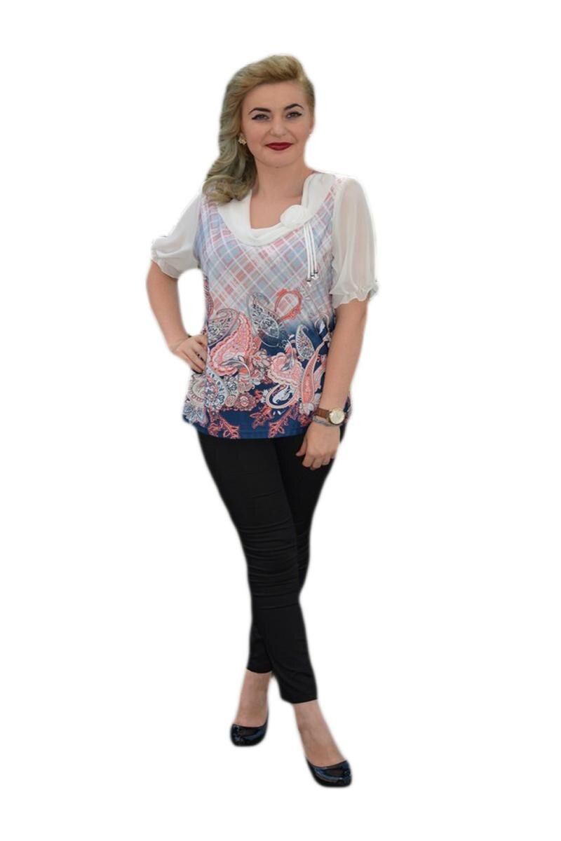 Bluza moderna de vara, alba cu design de trandafiri, D&J Exclusive, Alb/Roz