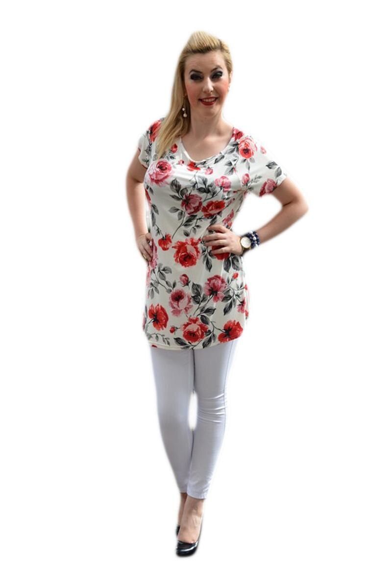 Tricou modern de vara, alba cu design de trandafiri, D&J Exclusive, Alb