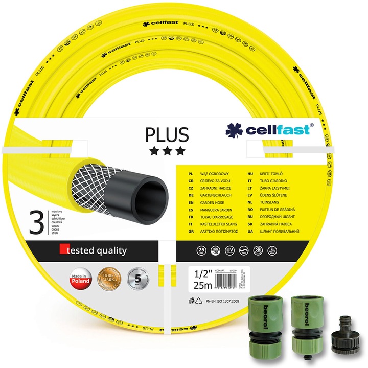 Furtun de gradina, 3 straturi, + cadou 2 cuple, 1 adaptor, 1/2", 25 m, Cellfast Plus
