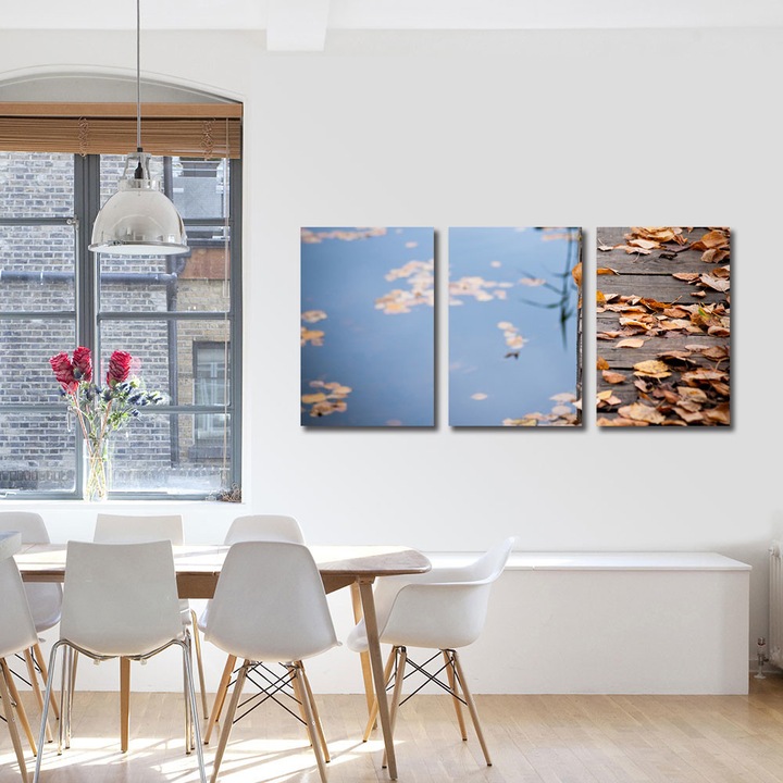 Set Tablouri Multicanvas 3 Piese Peisaj de Toamna cu Frunze maronii pe ponton, 60 x 120 cm