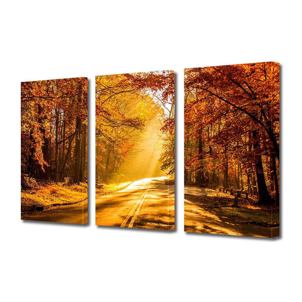 Set Tablouri Multicanvas 3 Piese Peisaj de Toamna cu Drumul luminat, 60 x 120 cm