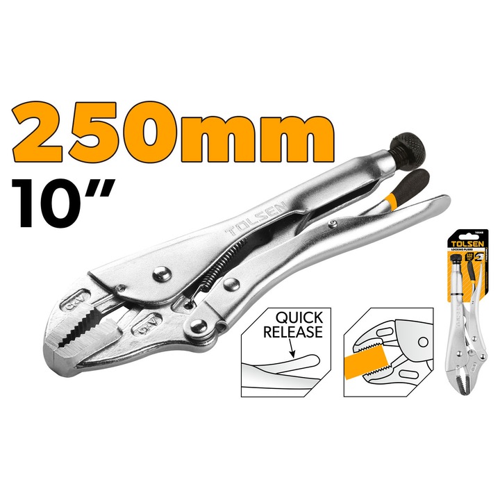 Cleste cu autoblocare TOLSEN Cr-V 250mm, falci drepte, HRC52-56, deschidere max 50mm, finisaj nichel, maner ergonomic, unelte profesionale, mecanism de blocare pentru prindere stabila, otel Cr-V tratat termic duritate HRC52-56, deschidere maxima reglabila