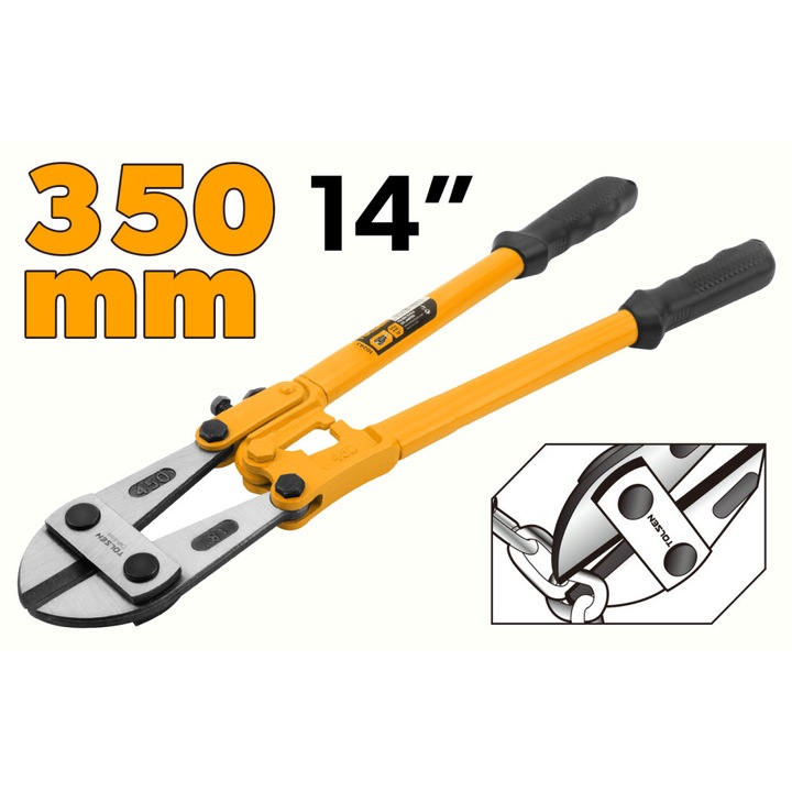 Cleste pentru taiat bolturi TOLSEN 350 mm (14"), Lama otel carbon calitate superioara, Finisaj slefuit, Taiere precisa, Pentru sarma, lanturi, tije metalice, pentru taiat si indoit sarma de diferite grosimi, lama calita din otel forjat