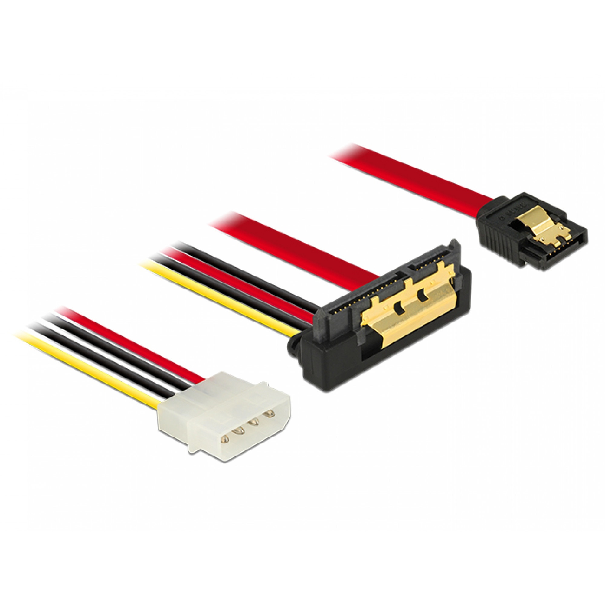 Cablu de date + alimentare SATA 22 pini 6 Gb/s cu clips la Molex 4 pini + SATA 7 pini unghi jos/drept 30cm, Delock 85231