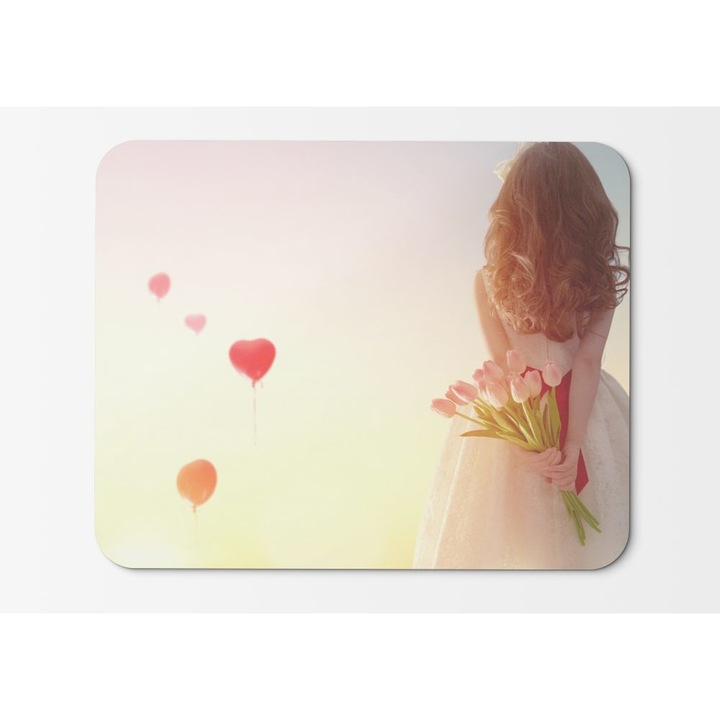 Mouse Pad Heart Shape Balloons Love Hearts Girl Tulips - 21.5 x 27 x 0.3cm