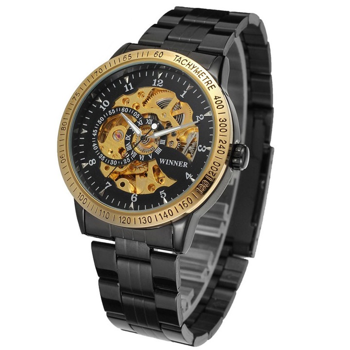 Мъжки часовник Winner, черна гривна от неръждаема стомана, устойчив на надраскване, автоматик