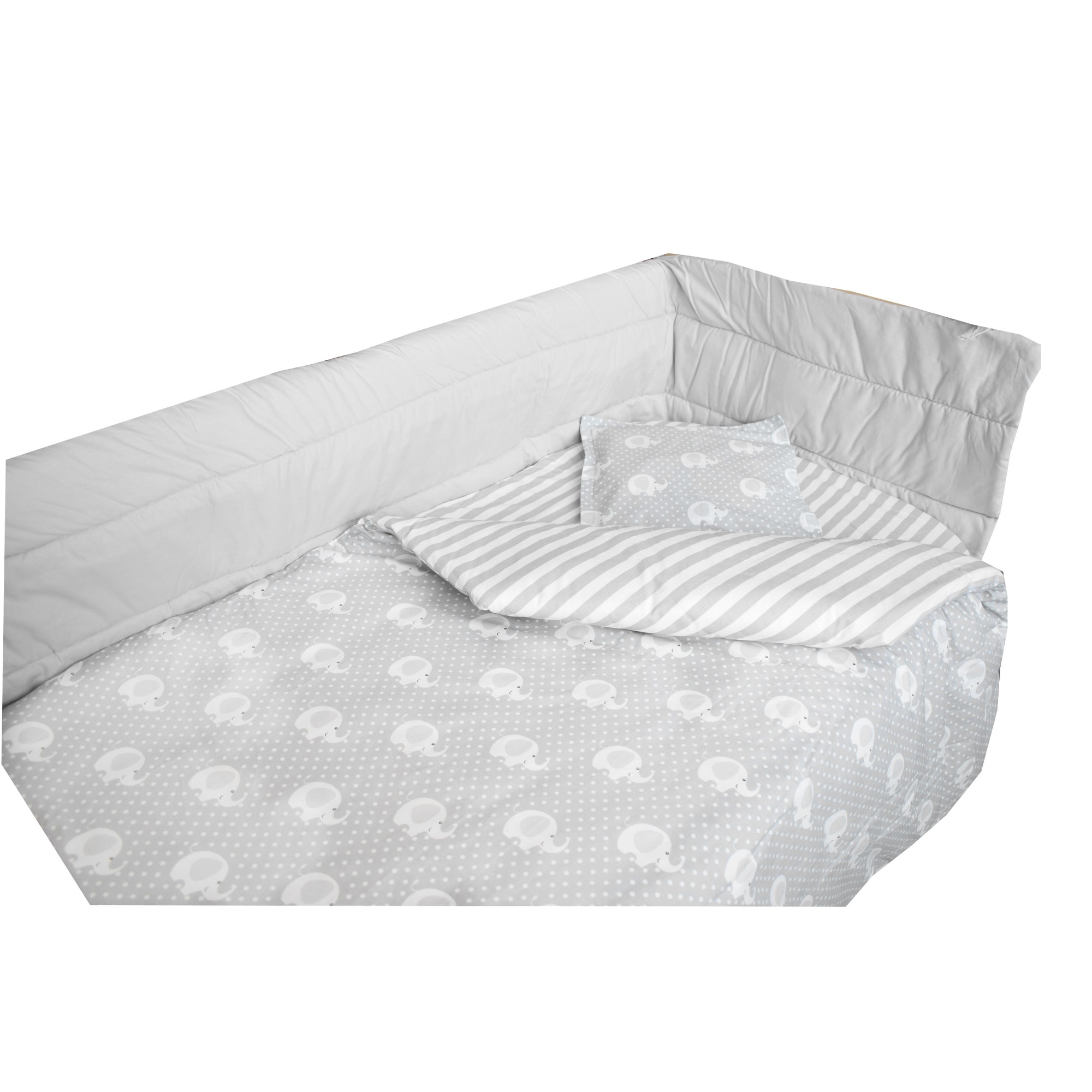 Set complet patut, 5 piese, bumbac 100%, elefantei, gri si alb