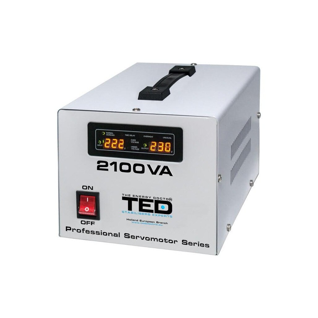 Stabilizator Retea Automat 2100VA 1200W cu Ecran LCD si ServoMotor cu 2 Iesiri Schuko, TED Electric
