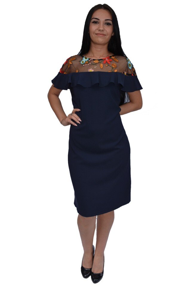 Rochie casual-eleganta cu maneca scurta si broderie colorata, D&J Exclusive, Albastru marin