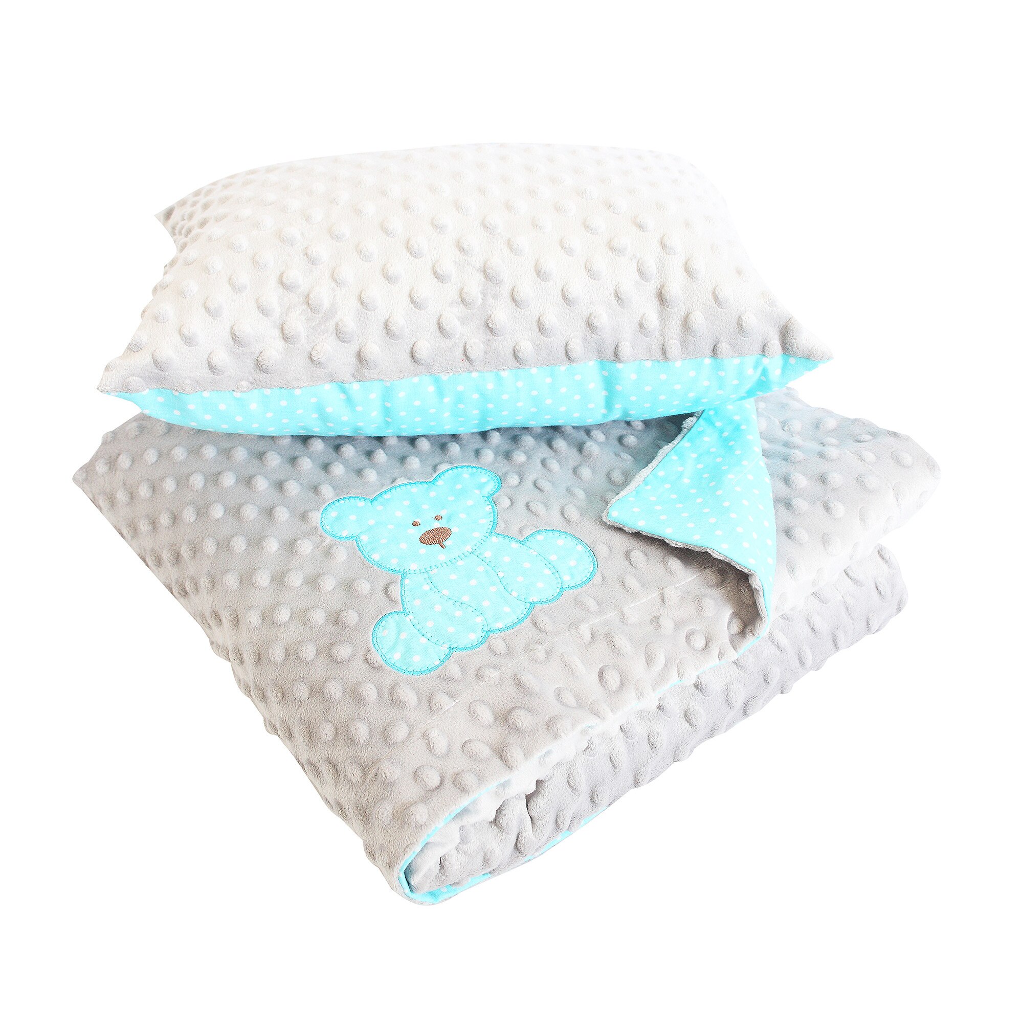 Paturica + perna, minky gri cu turcoaz