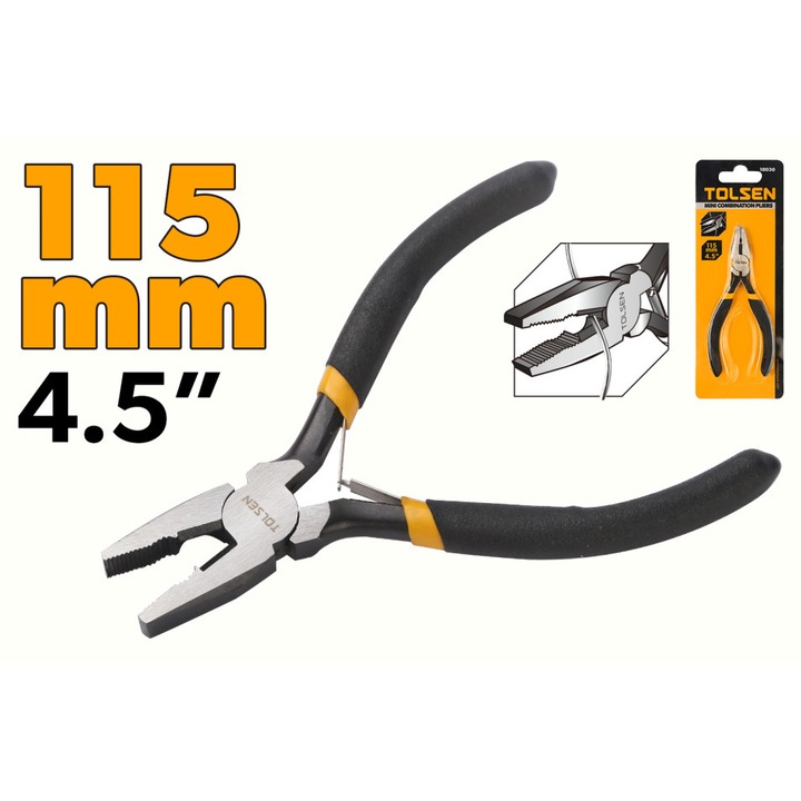 Mini-cleste combinat TOLSEN 115 mm, otel forjat cu finisaj nichel, maner inclinat pentru control sporit, compact si precis, ideal pentru lucrari de finete si hobby, otel carbon placat cu nichel pentru rezistenta, maner ergonomic bi-component antiderapant