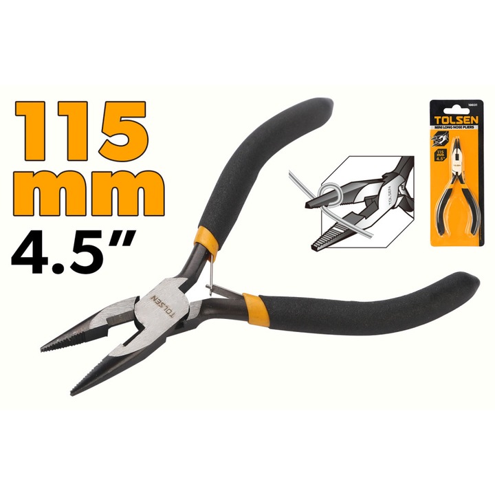 Mini-cleste cu varf ascutit TOLSEN 115 mm, otel forjat cu finisaj nichel, maner inclinat, ideal pentru lucrari precise, spatii inguste si aplicatii hobby, varf fin pentru acces in spatii inguste, otel forjat tratat termic rezistent la uzura