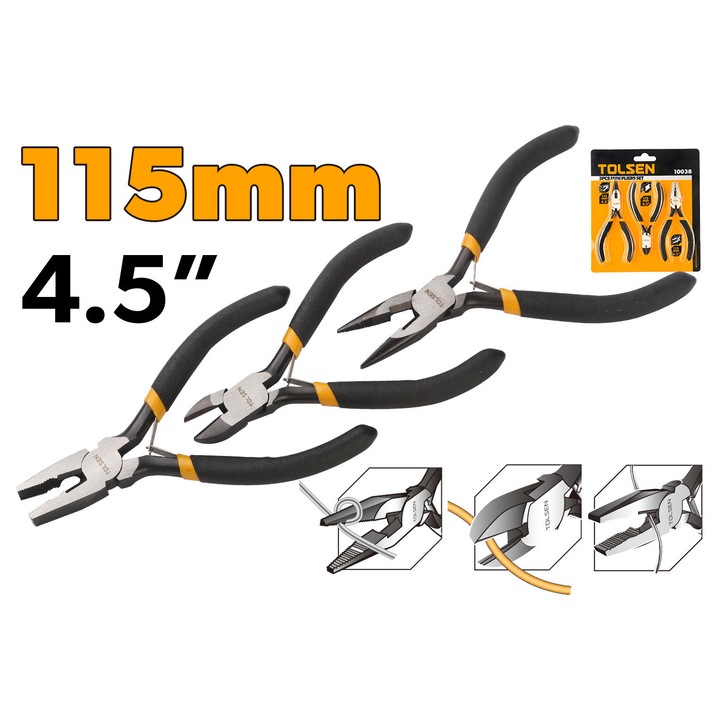 Set 3 clesti TOLSEN 115 mm, otel forjat cu finisaj nichel, maner inclinat, include cleste combinat, cu varf ascutit si taietor, ideal pentru lucrari fine si hobby, varf fin pentru acces in spatii inguste, otel forjat tratat termic rezistent la uzura