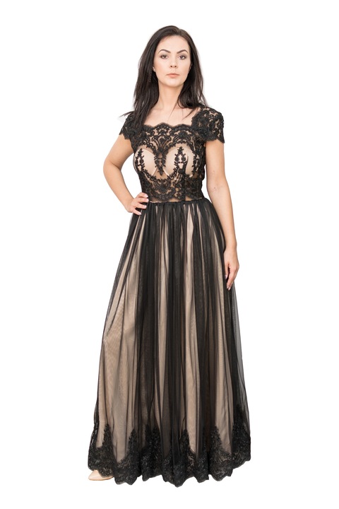 Rochie de gala cu dantela si tull, Bella Design, Negru, Nude, 38 EU
