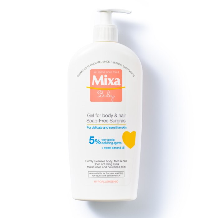 Gel de dus fara sapun Mixa Baby Surgras pentru corp si par, pentru bebelusi si copii, 400 ml