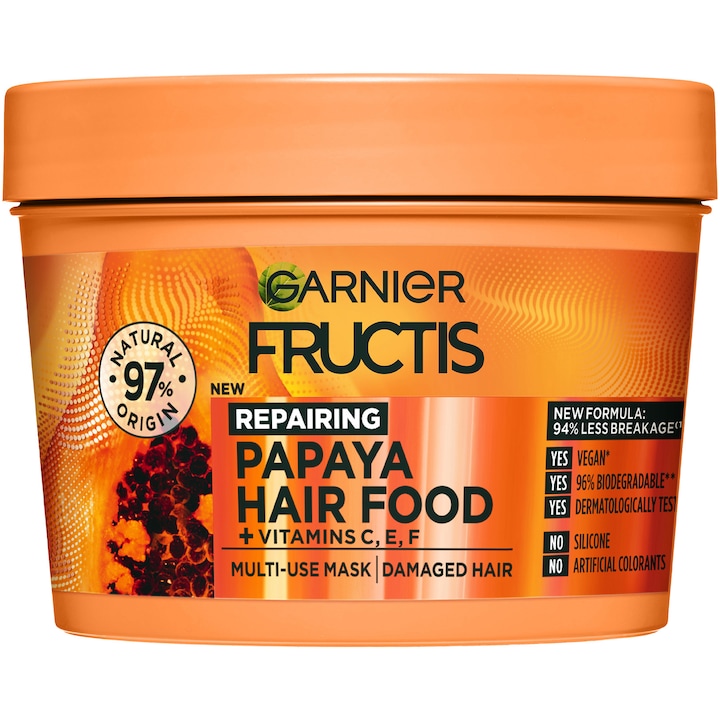 Masca pentru par Garnier Fructis Hair Food Papaya, pentru parul deteriorat, 390 ml