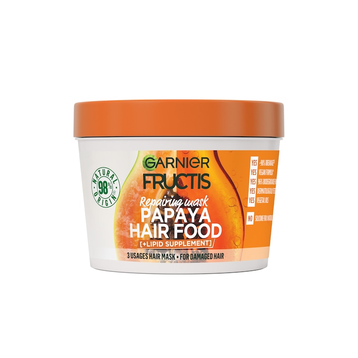 Masca pentru par Garnier Fructis Hair Food Papaya, pentru parul deteriorat, 390 ml