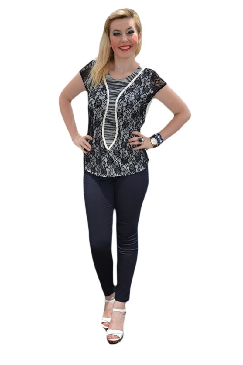 Bluza feminina, aspect elegant, dantela si tul, D&J Exclusive, Negru/Alb
