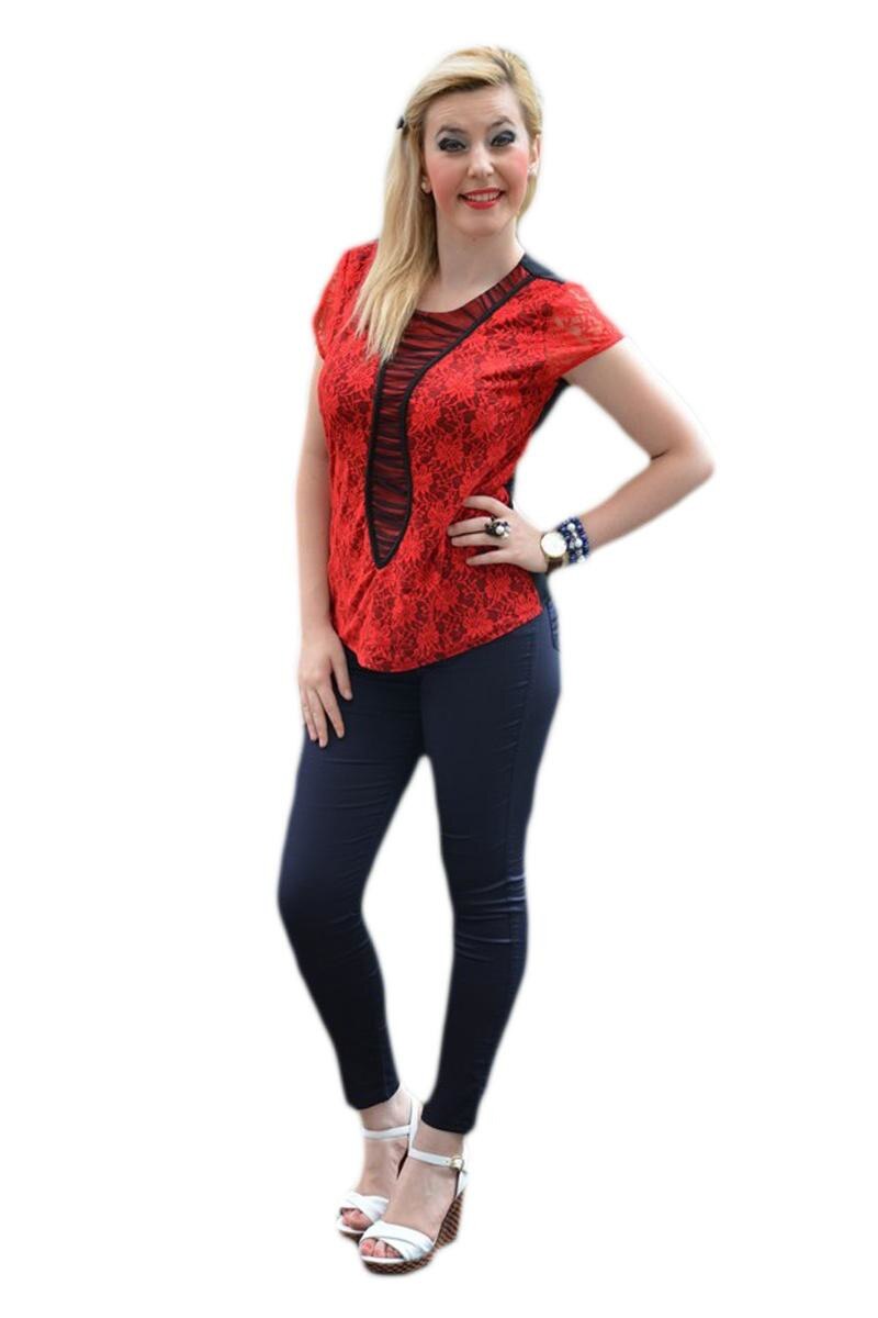 Bluza feminina, aspect elegant, dantela si tul, D&J Exclusive, Rosu/Negru