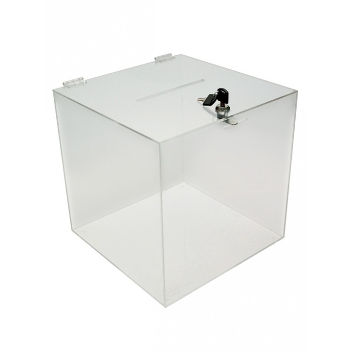 Urna cub cu latura de 200mm, din plexiglas, cutie pentru donatii, tombola, concursuri