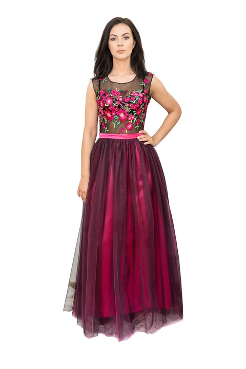 Rochie de gala cu flori, Bella Design, Negru,Ciclam, 38 EU