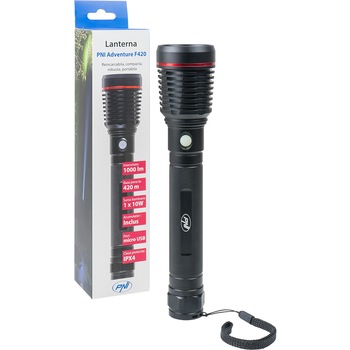 Lanterna LED PNI Adventure F420, 10W, 1000 lm cu acumulator si micro USB, IPX4, Aluminiu Lanterna LED PNI Adventure F420, 10W, 1000 lm cu acumulator si micro USB, IPX4, Aluminiu