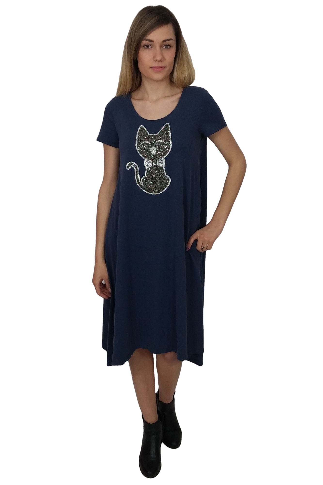 Rochie dama maxi, Breel's, Casual, cu accesoriu ‘pisica’, Albastru/Denim