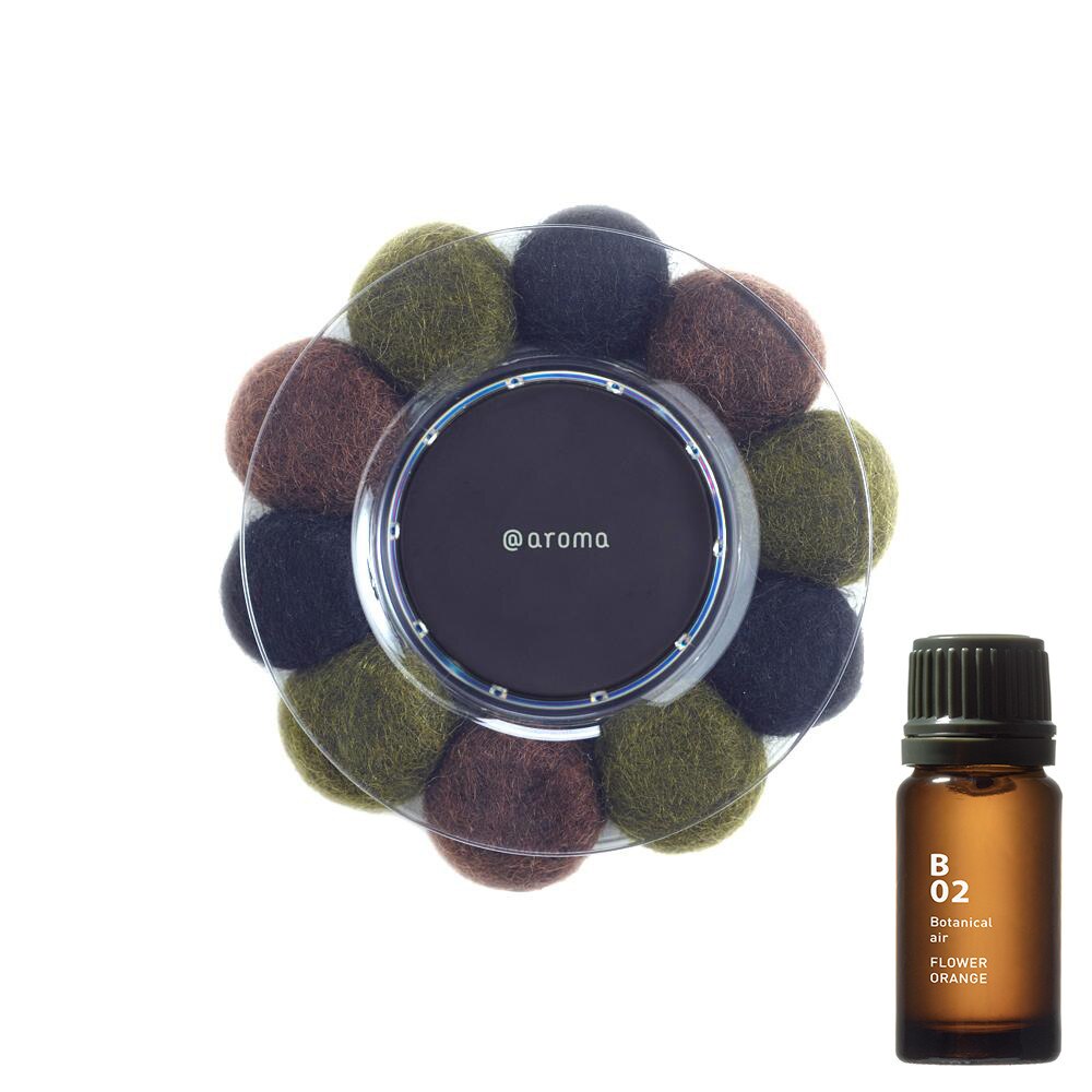 Pachet Difuzor Bonbon (Brown/Green) Aromaterapie cu Bile din Pasla Confectionate Manual si 1 Ulei Esential Flower Orange