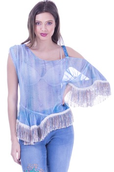 Bluza albastra tul cu franjuri pictata manual Liza Panait I-39E Bluza albastra tul cu franjuri pictata manual Liza Panait I-39E
