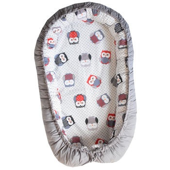 Baby nest, patut portabil, culcus bebe, 0-9 luni, lavabil, 2 fete, bufnite, gri Baby nest, patut portabil, culcus bebe, 0-9 luni, lavabil, 2 fete, bufnite, gri