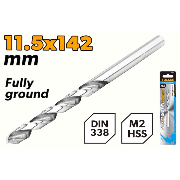 Burghiu TOLSEN HSS M2 11.5 mm, DIN338, lungime 142 mm, canelura 94 mm, unghi varf 135°, otel rapid industrial, pentru gaurire precisa in metal, lemn si plastic