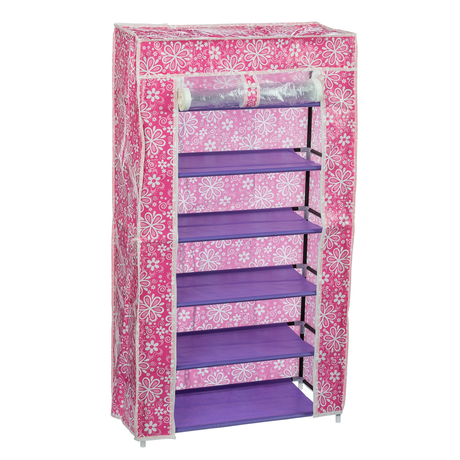 Dulap Textil Pliabil B-6, pentru Incaltaminte si Accesorii, cu 6 Rafturi, 60x30x108 cm, Flori Roz