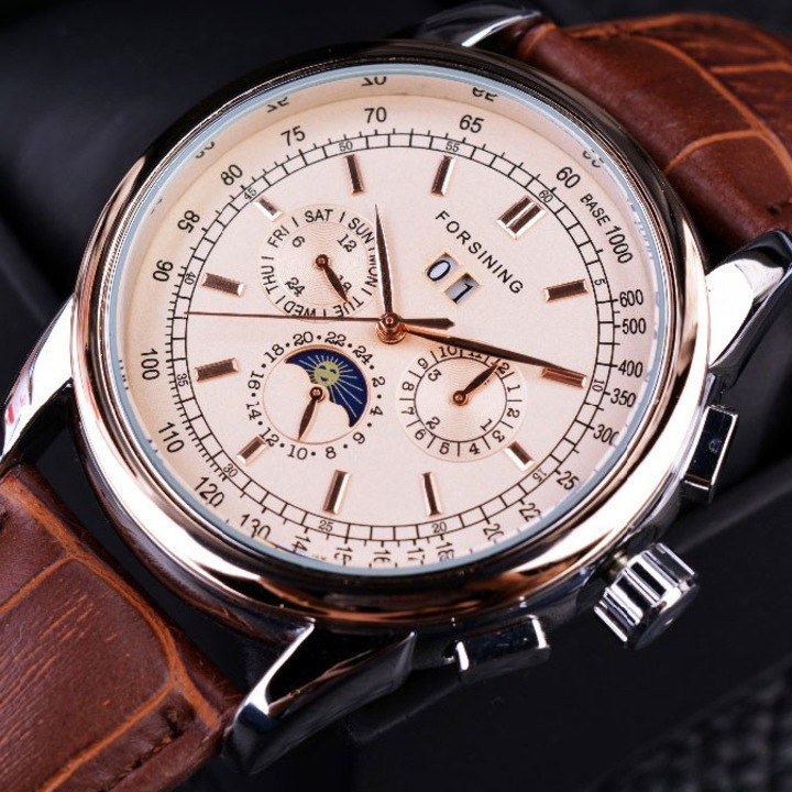 Мъжки часовник Forsining Moon Phase, Кафява кожена каишка, Бизнес стил, Автоматичен, Подаръчна кутия