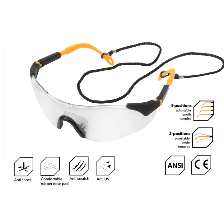 Ochelari protectie TOLSEN transparenti, lentile PC rezistente la impact, cadru PA reglabil, cu snur de siguranta, vedere fara distorsiuni, aprobati CE/ANSI, Industrial