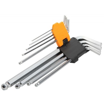 Set de 9 chei hexagonale cu brat extra-lung si varf sferic Cr-V 1,5/2/2,5/3/4/5/6/8/10 mm, Tolsen Set de 9 chei hexagonale cu brat extra-lung si varf sferic Cr-V 1,5/2/2,5/3/4/5/6/8/10 mm, Tolsen