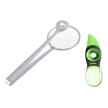 Set paleta strecuratoare cu cleste incorporat si cutit curatator avocado 3 in 1 Set paleta strecuratoare cu cleste incorporat si cutit curatator avocado 3 in 1