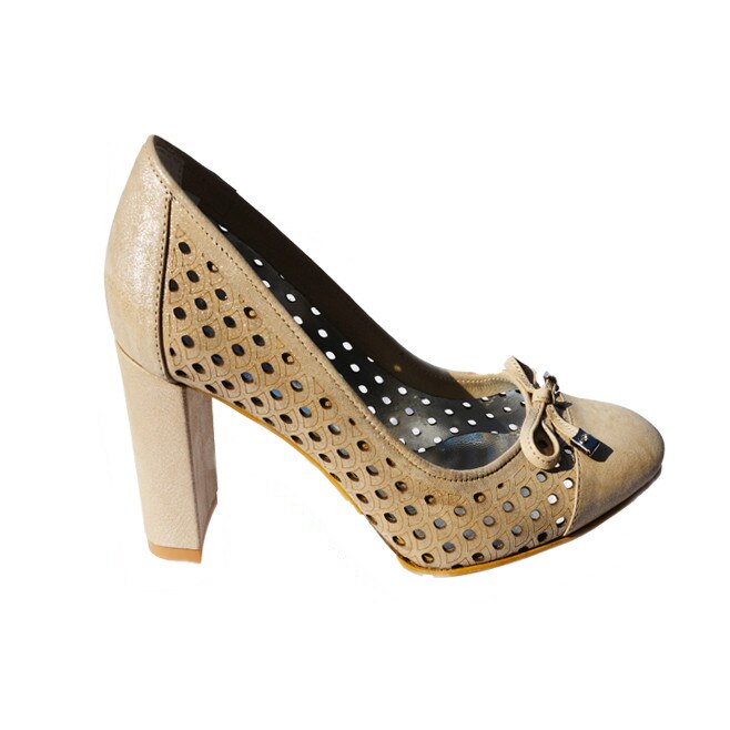 Pantofi eleganti cu toc gros, inalt, si design de perforatii, D&J Exclusive, Bej