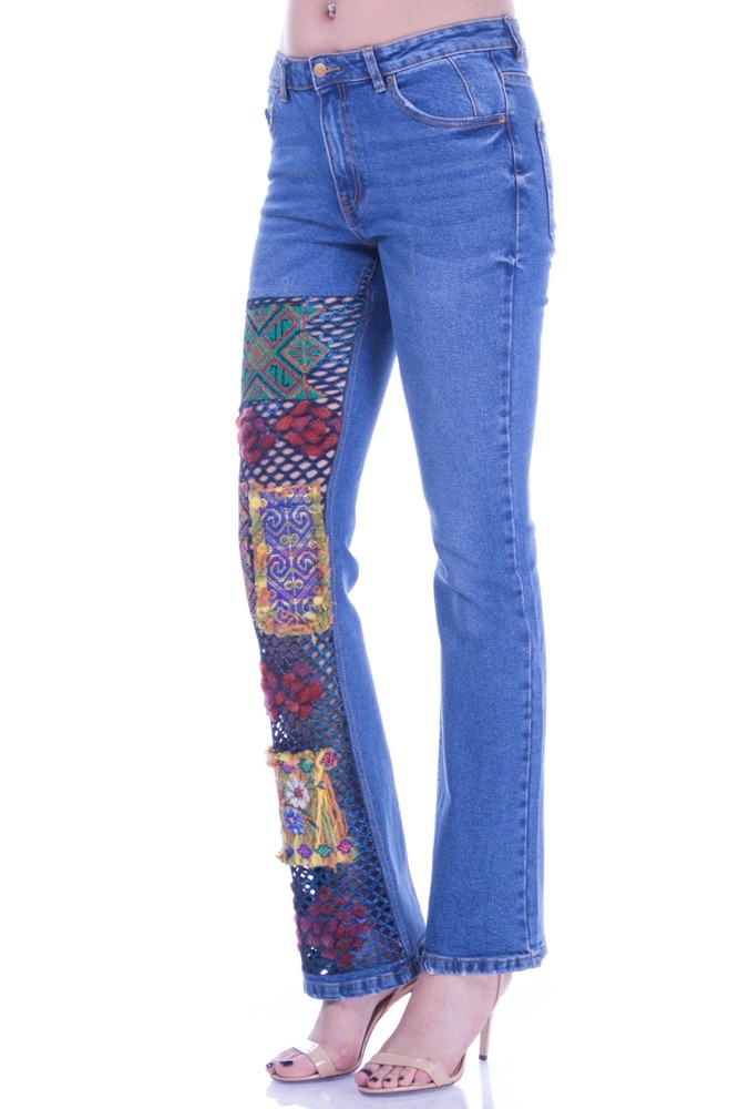 Pantalon denim albastru cu broderie Liza Panait I-44E