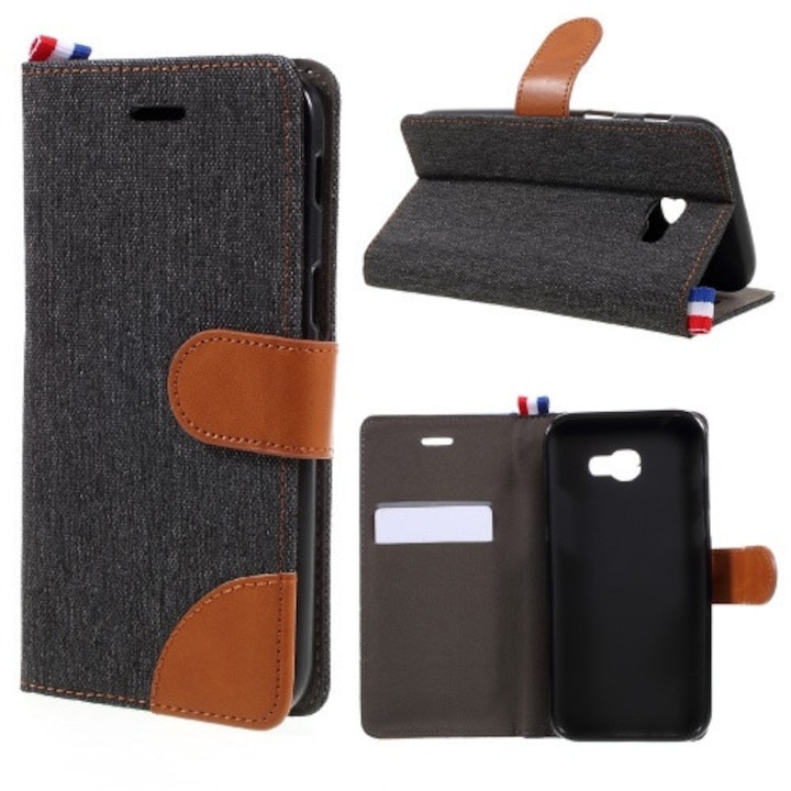 Telefontok álló, textil (flip, mágneses, oldalra nyíló, asztali tartó funkció) Fekete / Barna [Samsung Galaxy A3 (2017) SM-A320F]