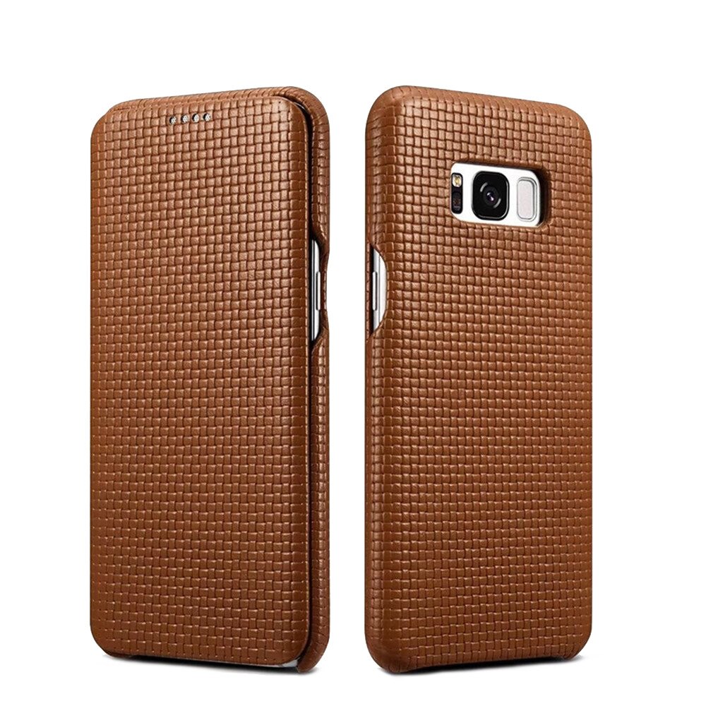 Husa din piele, tip carte, Samsung Galaxy S8 Plus - iCarer Woven Pattern Side Open, culoare Maro caramiziu