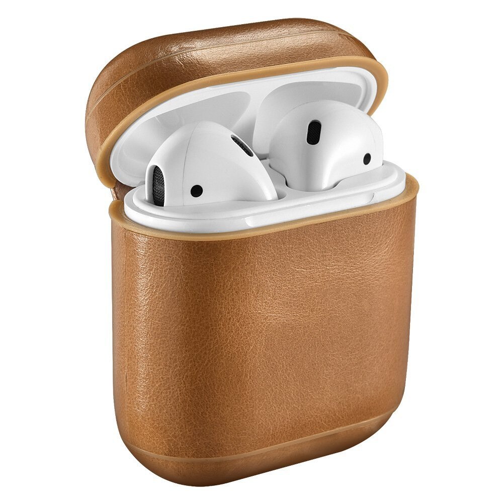 Carcasa, husa, AirPods 1, AirPods 2 - iCarer Vintage, protectoare din piele naturala, interior microfibra, culoare Maro camel