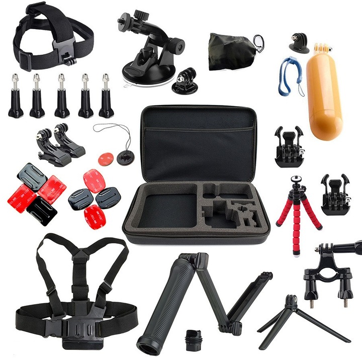 Set 32 Accesorii Camera Video Sport Gopro, Ventuza, Geanta De Transport Mare, Prinderi, Selfie Stick 3 Way, Ham Piept, Maner Floating, Xtrems X05