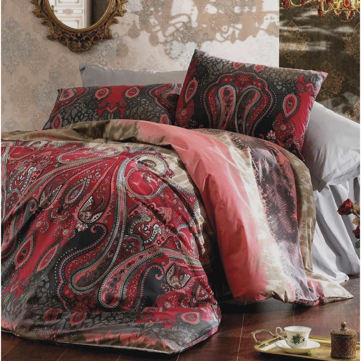 Спален комплект "Азиатско червено", памук ранфорс, Lux, за 2 души, 70X70, 220X200